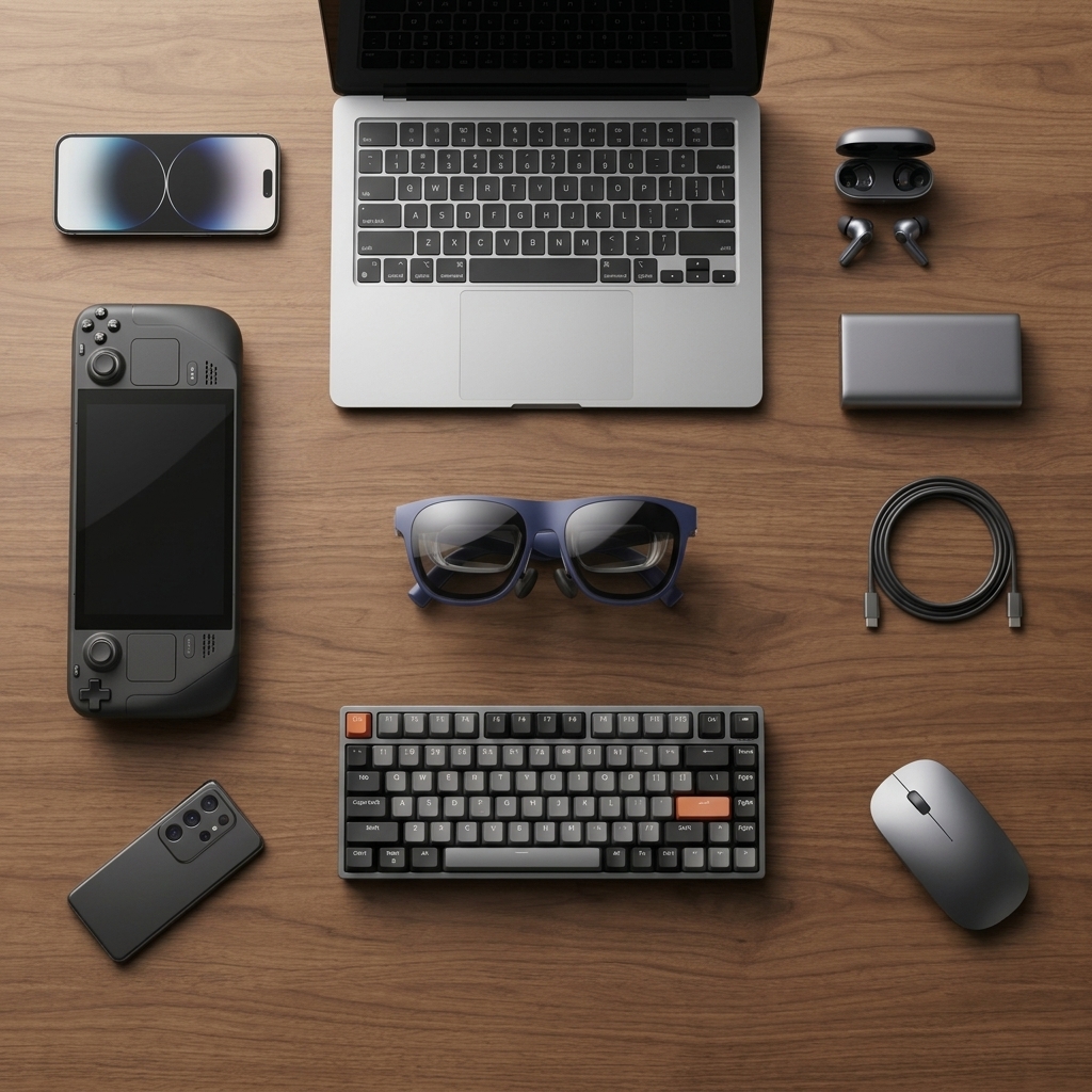ФОТО 4: розкладка зверху — окуляри, кабель USB-C, телефон і портативна консоль