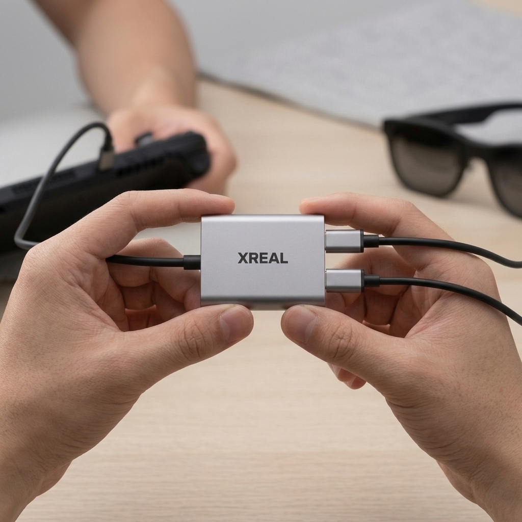 ФОТО 1: руки підключають XREAL Hub між телефоном/консоллю, окулярами і кабелем живлення