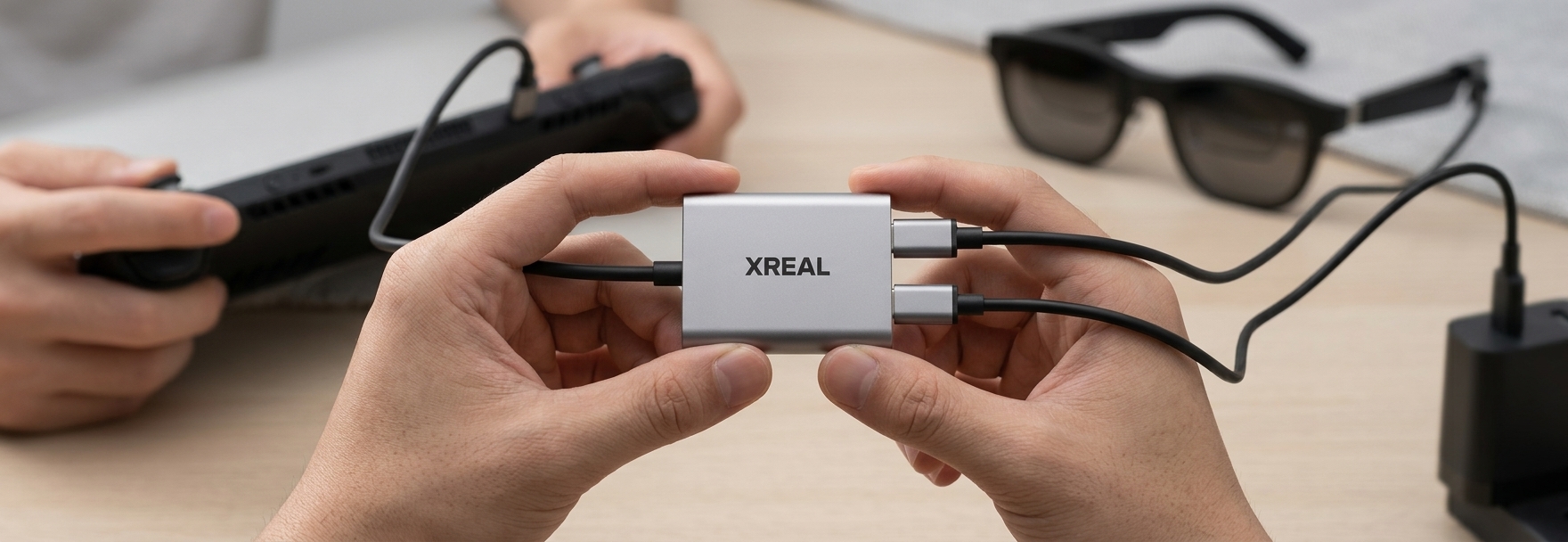 ФОТО 1: руки підключають XREAL Hub між телефоном/консоллю, окулярами і кабелем живлення